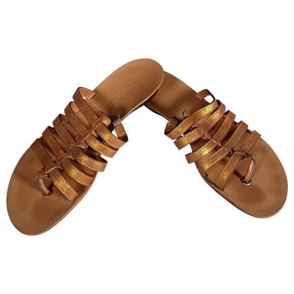 Paul Green Metallic Gold Leather Strappy Thong Sandal Low Wedge Womens 7.5 - Picture 10 of 10